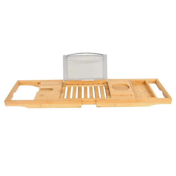 Bamboo bath tray in use over tub